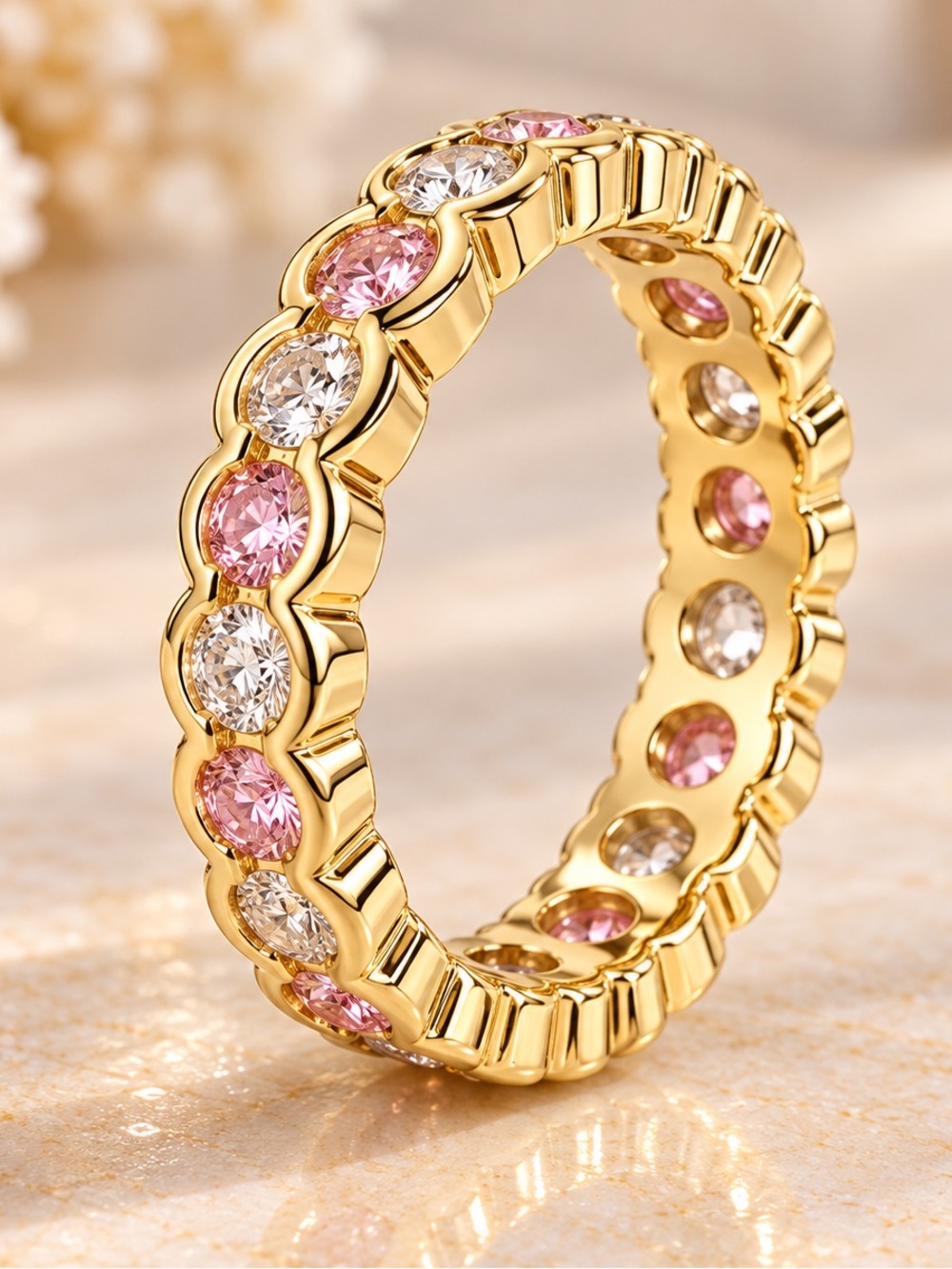18K Gold Filled Pink Clear CZ Round Stone Band Ring Women Size 7 Jewelry Gift